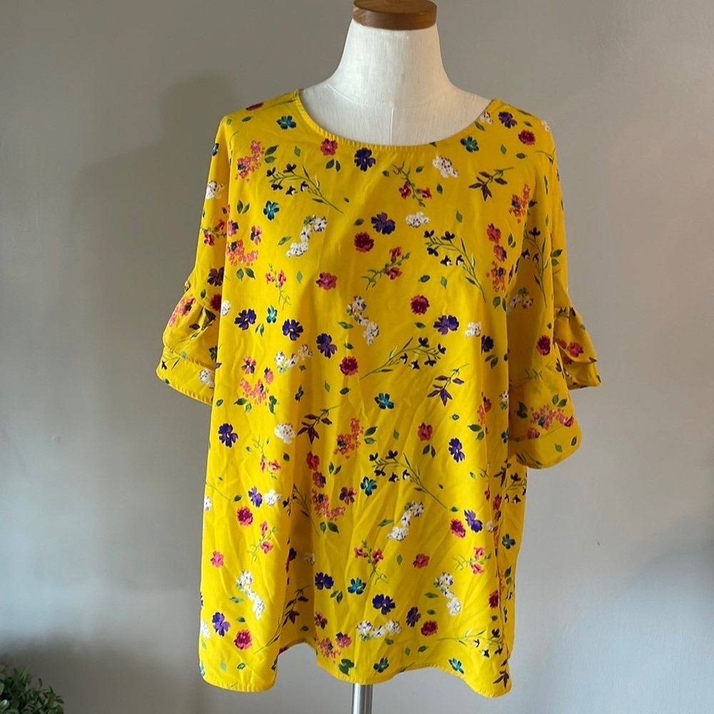 PLEIONE yellow floral garden blouse shirt sleeve tiered ruffle size XL